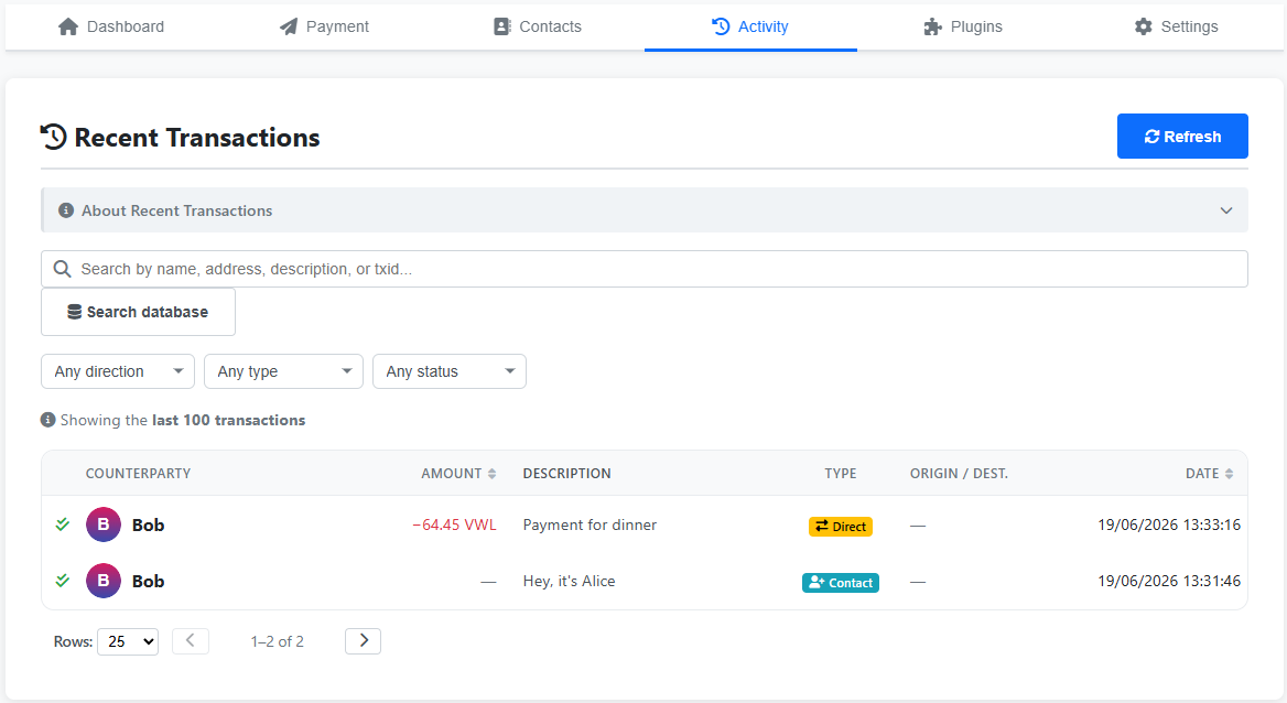 Activity tab showing Recent Transactions list with the Direct -64.45 VWL 'Payment for dinner' and the original Contact 'Hey, it's Alice' rows, plus the Failed Messages section reading 'No Failed Messages — All messages delivered successfully'