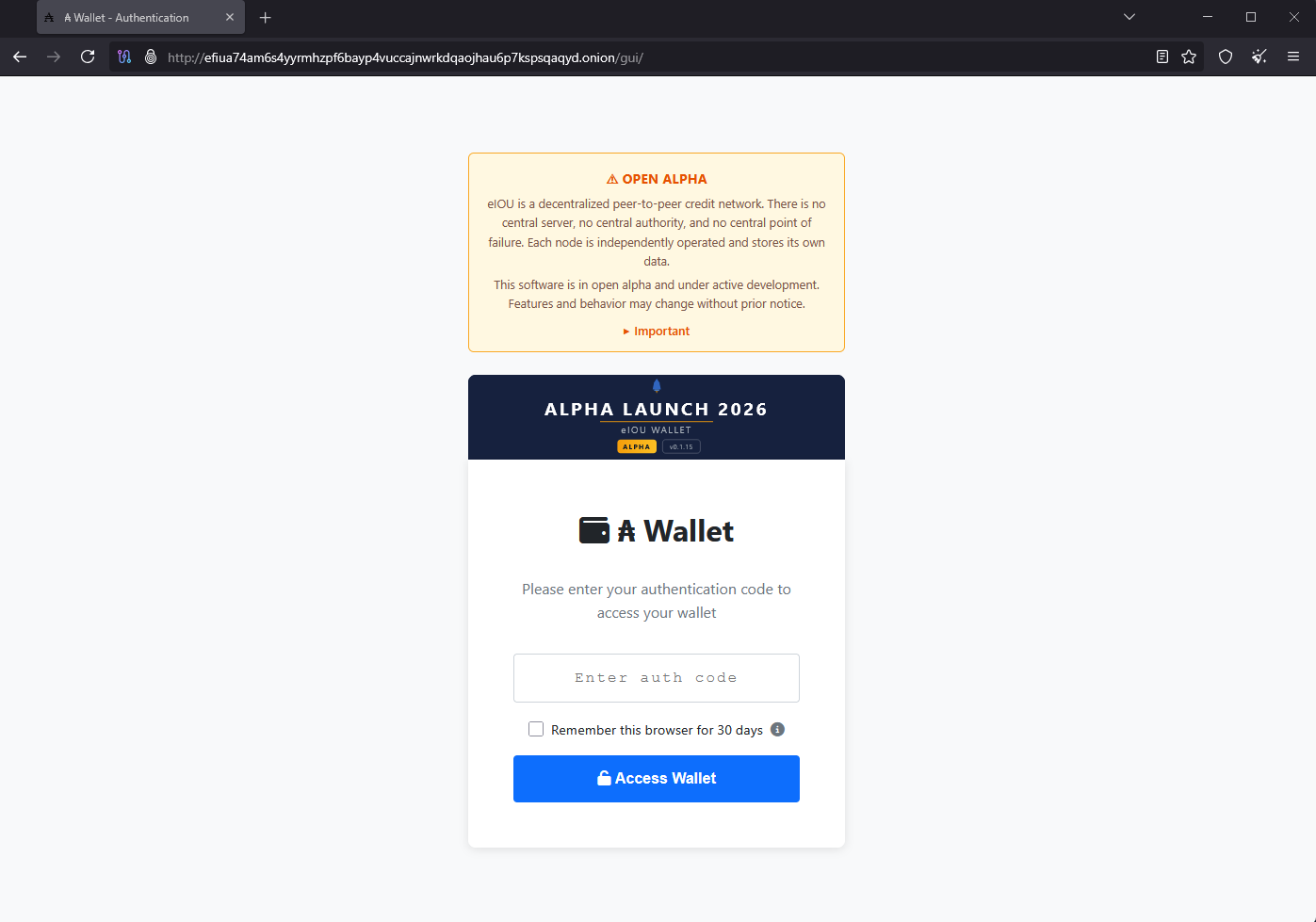 ₳ Wallet authentication screen in Tor Browser with auth-code field and Access Wallet button