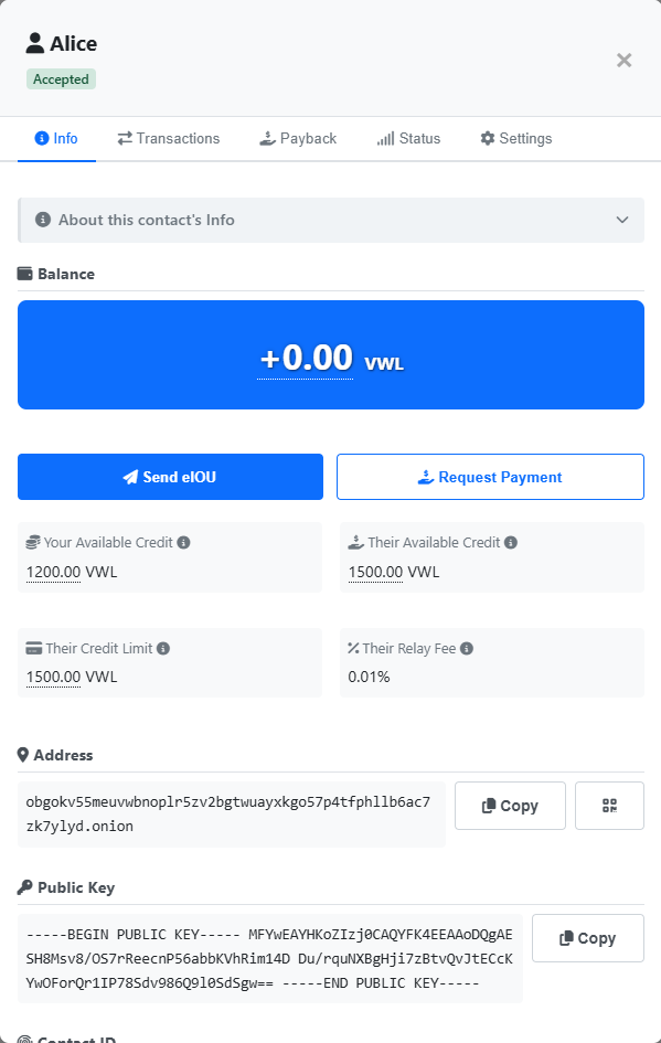 Contact detail modal with Info / Transactions / Payback / Status / Settings tabs, balance card, available-credit / credit-limit / relay-fee fields, and address and public-key sections