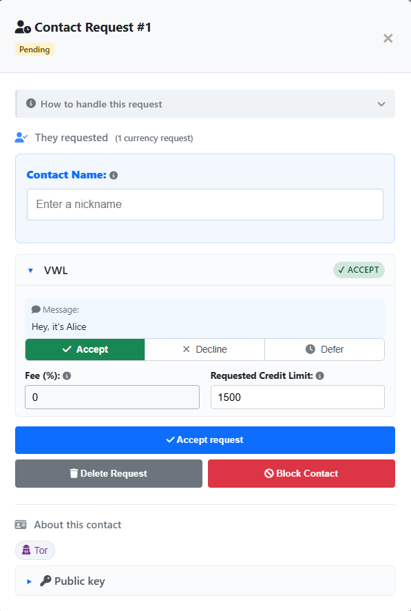 Contact Request modal with Accept / Decline / Defer buttons, fee and requested-credit fields, and Accept request / Delete Request / Block Contact actions