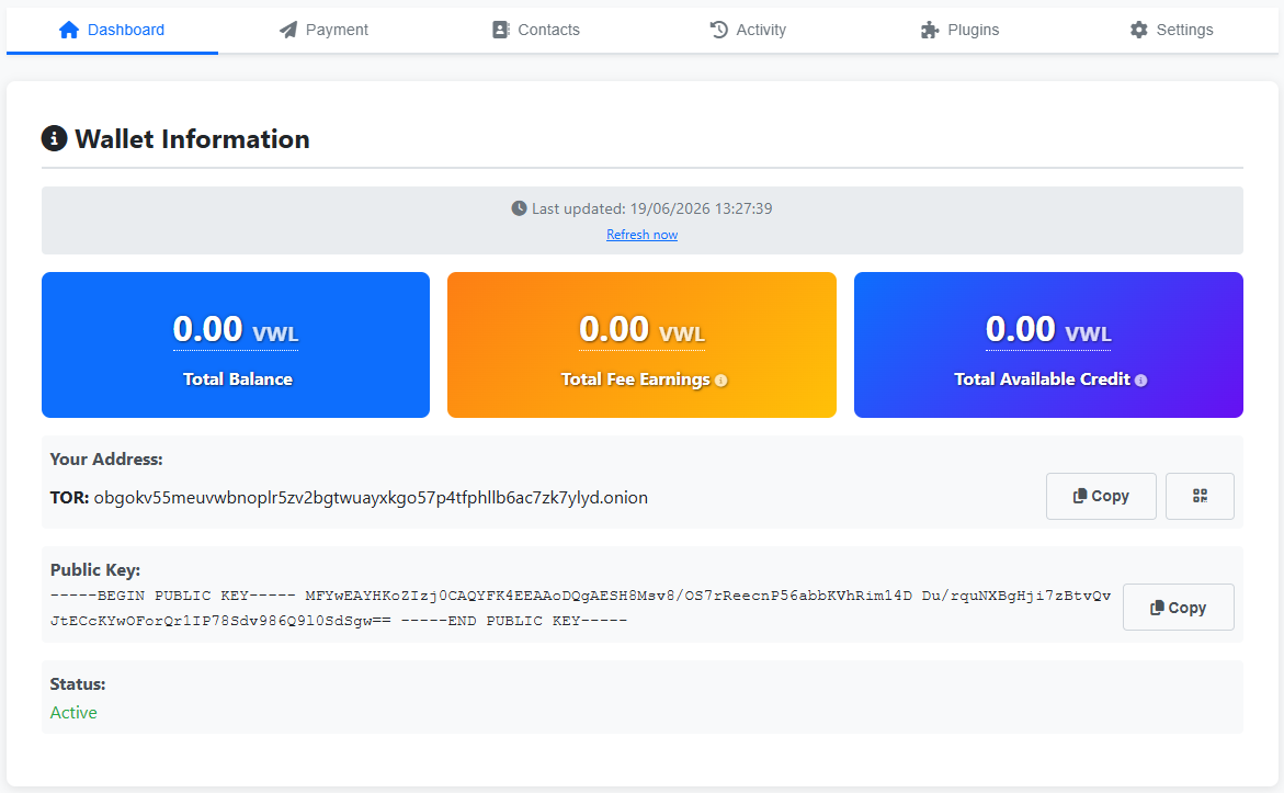 Alice's Dashboard with Wallet Information panel — balance / fee earnings / available credit cards, copyable Tor address row, Public Key, and Status: Active