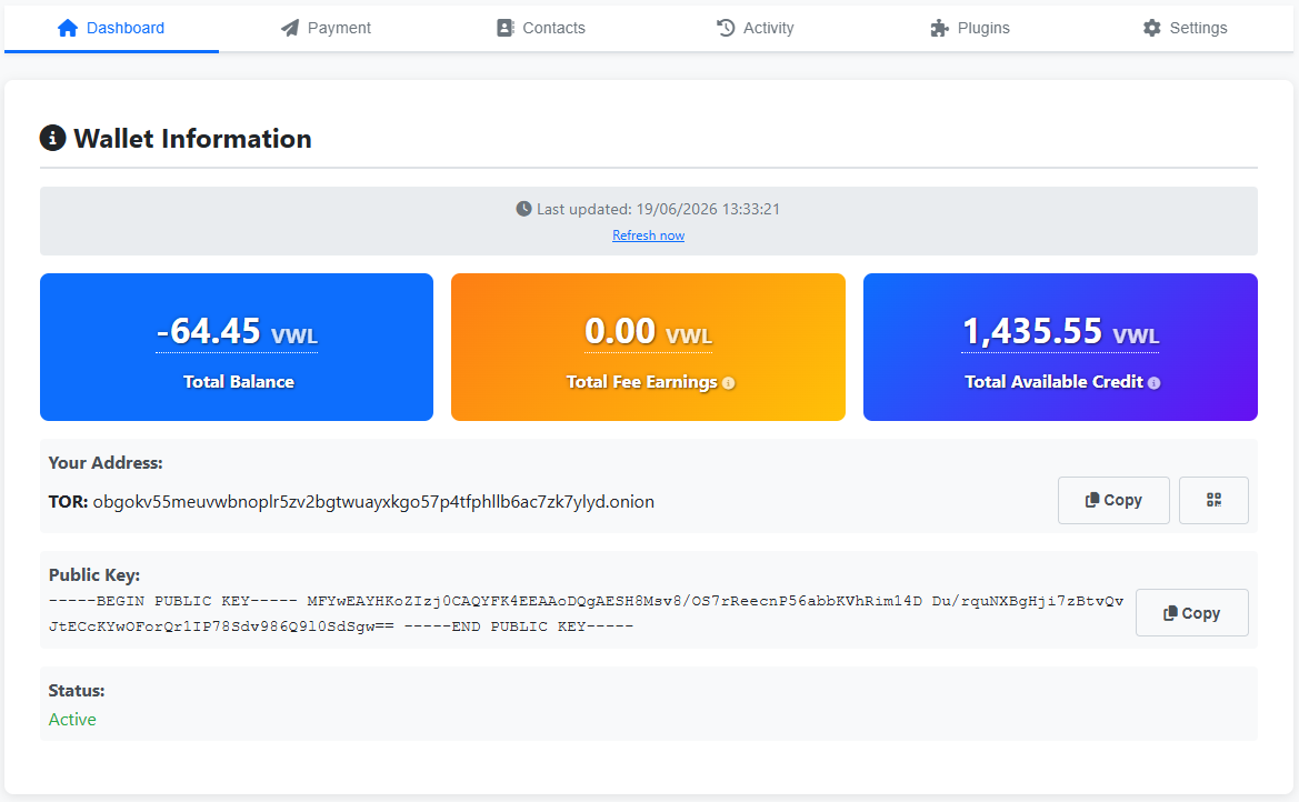 Alice's Dashboard after sending 64.45 VWL to Bob — Total Balance -64.45 VWL, Total Fee Earnings 0.00 VWL, Total Available Credit 1,435.55 VWL, plus Your Addresses, Public Key, and Status: Active
