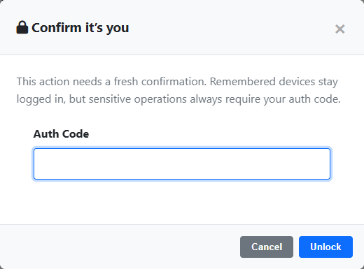 'Confirm it's you' modal asking for the auth code before the sensitive payback method is saved, with Cancel and Unlock buttons.