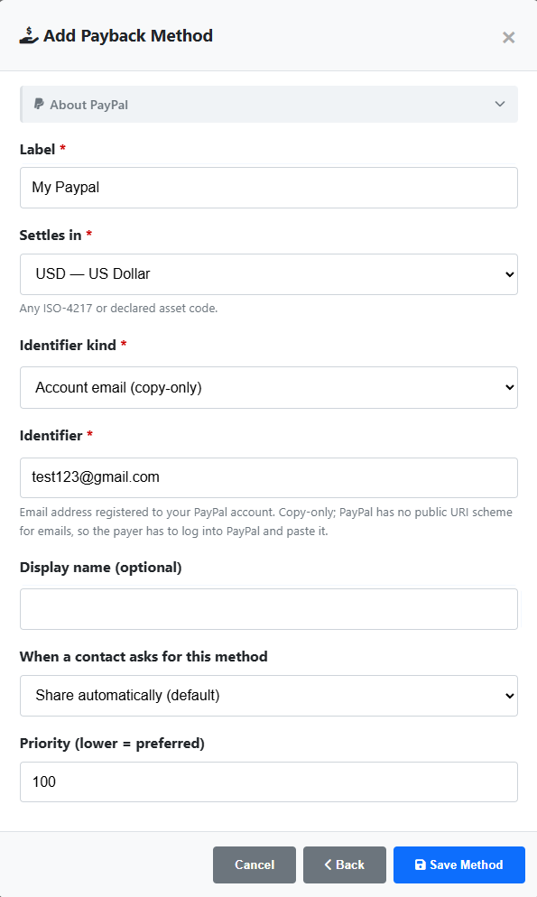 The PayPal form filled in: Label 'My Paypal', Settles in USD, Identifier kind 'Account email (copy-only)', Identifier test123@gmail.com, share policy 'Share automatically', Priority 100, with a Save Method button.