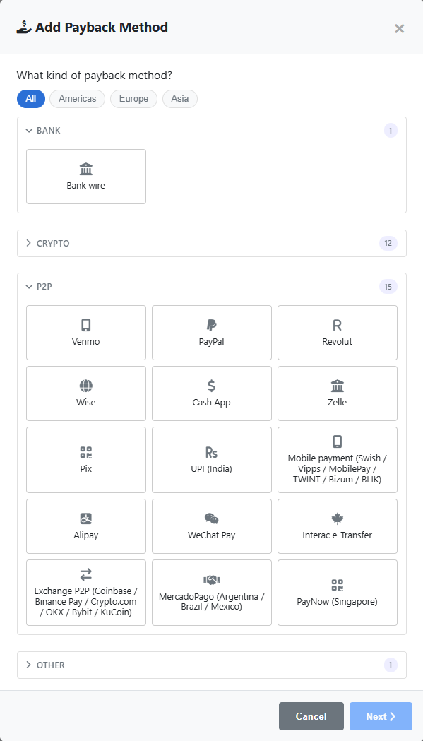 Add Payback Method modal asking 'What kind of payback method?' with the P2P category expanded, showing rails like Venmo, PayPal, Revolut, Wise, Cash App, Zelle, Pix, UPI, Alipay, WeChat Pay, Interac e-Transfer, Exchange P2P, MercadoPago, and PayNow.