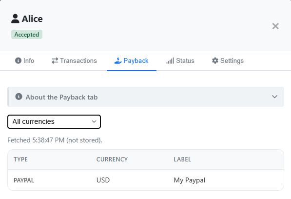 Alice's contact card on Bob's wallet with the Payback tab open — an 'All currencies' filter, a 'Fetched … (not stored)' note, and a single PAYPAL row showing currency USD and label 'My Paypal'.