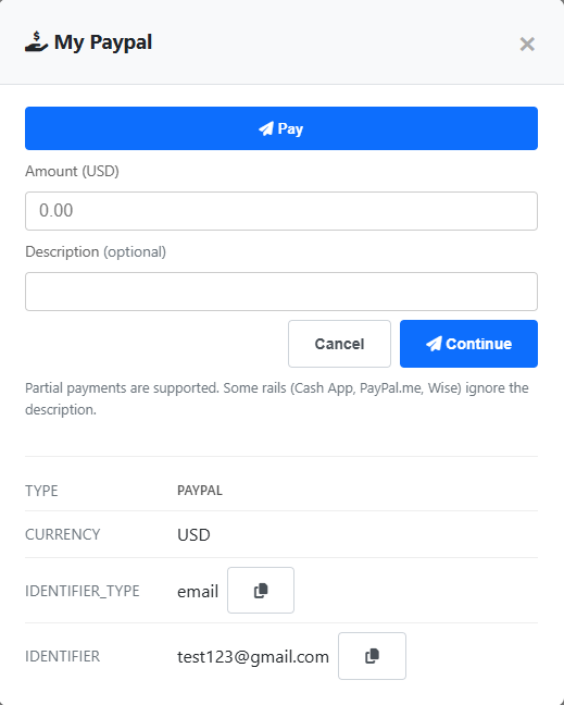 The 'My Paypal' method opened on Bob's side — a Pay button with Amount and Description fields, then per-field rows (TYPE PAYPAL, CURRENCY USD, IDENTIFIER_TYPE email, IDENTIFIER test123@gmail.com) each with a copy-to-clipboard button.