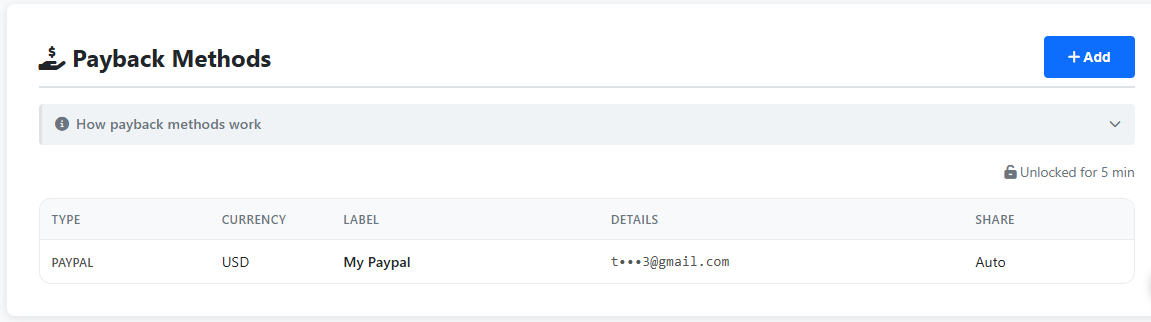 Payback Methods list with one PAYPAL row: currency USD, label 'My Paypal', details masked to t•••3@gmail.com, share Auto, and an 'Unlocked for 5 min' indicator.