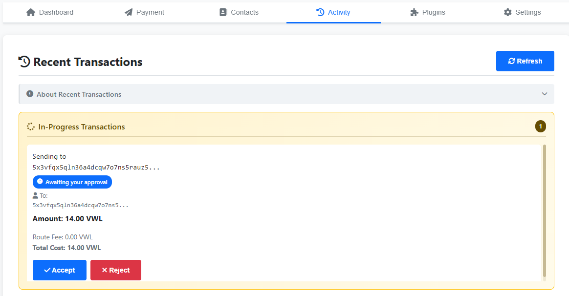 Activity tab with an In-Progress Transactions panel — Sending to Carol's onion prefix, status 'Awaiting your approval', To: Carol's onion, Amount 14.00 VWL, Route Fee 0.00 VWL, Total Cost 14.00 VWL, with Accept and Reject buttons