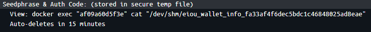 Container log line showing 'Seedphrase & Auth Code: (stored in secure temp file)' with the full docker exec ... cat /dev/shm/eiou_wallet_info_<suffix> command and the 'Auto-deletes in 15 minutes' notice