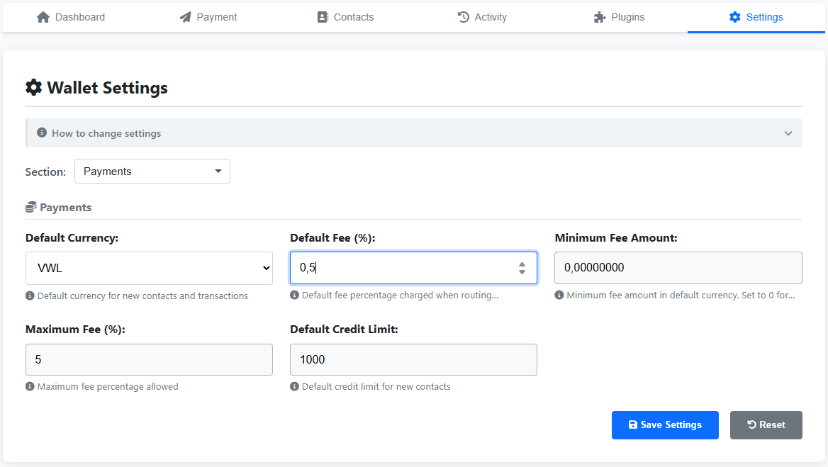 Default Fee (%) input highlighted and updated to 0.5 in the Wallet Settings Payments section